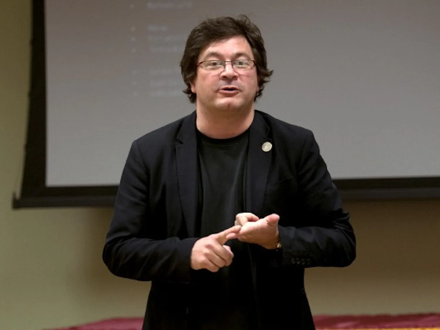Juan Jose Diaz Infante gives a presentation on the Mexican Space Collective at ASU’s Tempe Campus on Wednesday January 29th. The collective is a group of eclectic thinkers and artists whose goal is to create a satellite, named Ulises I. (Photo by Mario Mendez)