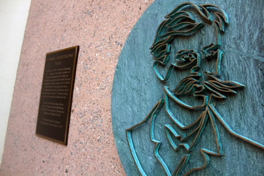 John S. Armstrong, Chairman of the House Committee on Education at ASU in 1885, is portrayed in this metal portrait, which is displayed on the building named after him, Armstrong Hall. (Photo by Jenn Allen)