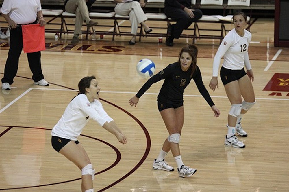 Senior libero Jenny Teslevich bumps a ball at a home game in Tempe. The Sun Devils will face USC this weekend, where they hope to break the Trojans' winning streak. (Photo by State Press Staff)