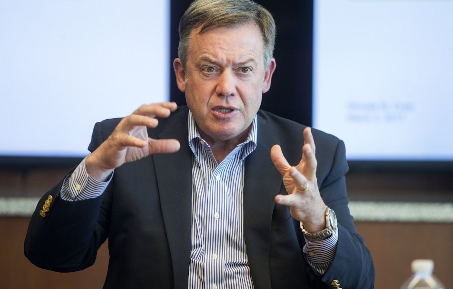 ASU President Michael Crow meets with The State Press editorial board in a conference room in the Fulton Center on the Tempe campus on March 2, 2017.