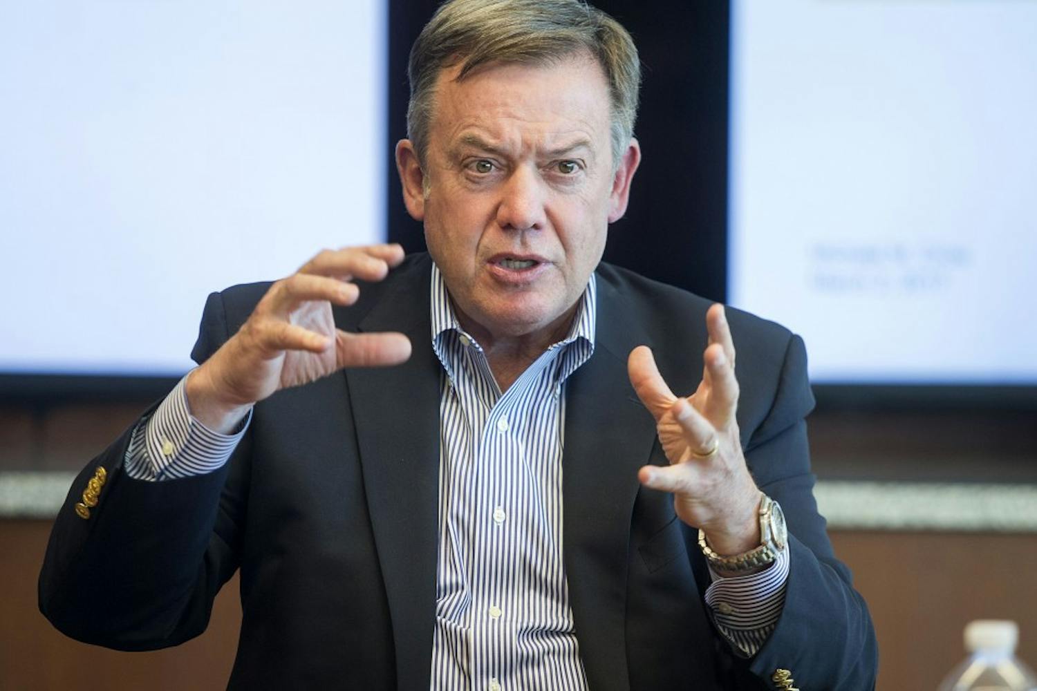 ASU President Michael Crow meets with The State Press editorial board in a conference room in the Fulton Center on the Tempe campus on March 2, 2017.