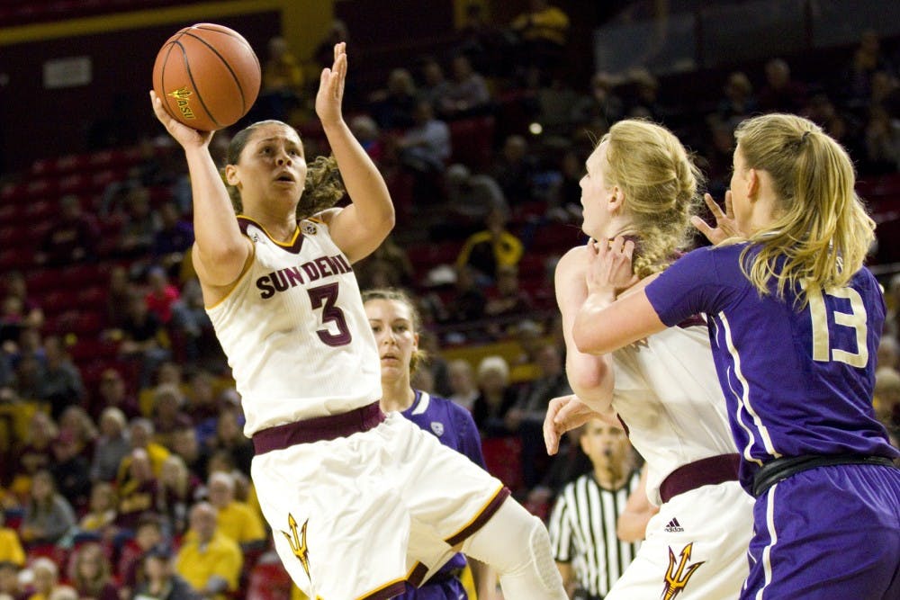 ASU sophomore guard Sabrina Haines (3) goes up for a shot in the paint during a women's basketball game versus no. 8 Washington in Wells Fargo Arena in Tempe, Arizona on Sunday, Jan. 15, 2017. ASU lost 65-54, putting them at 13-4 on the season.