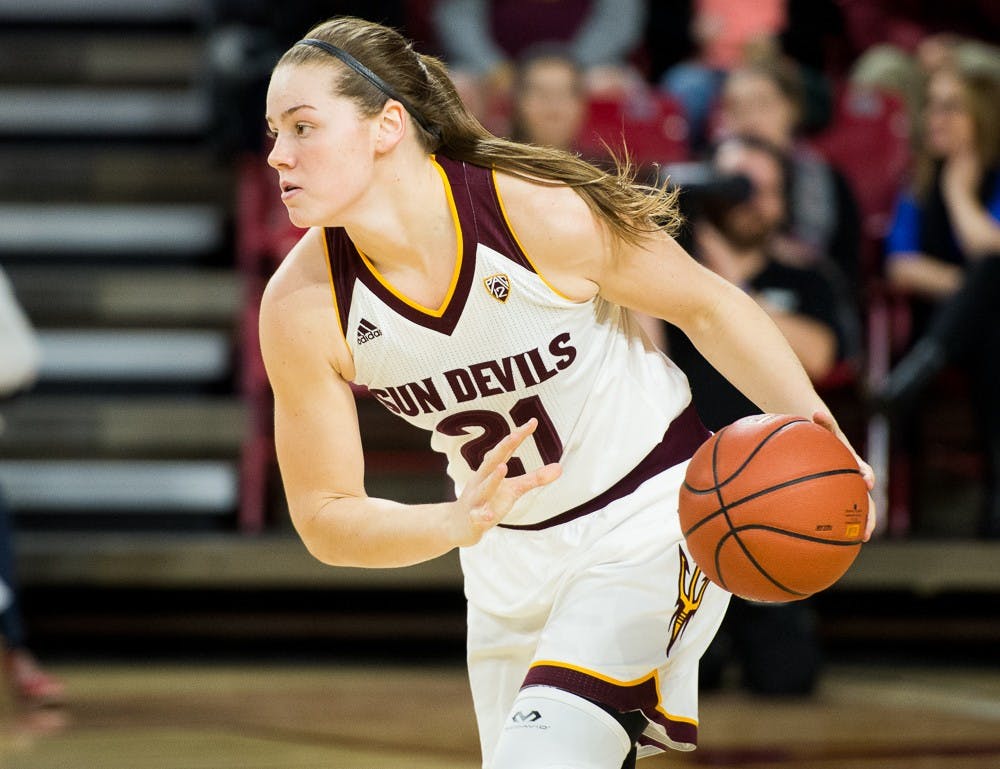 Junior forward Sophie Brunner looks to pass against Florida State on Monday, Dec. 21, 2015, at Wells Fargo Arena in Tempe. The Sun Devils defeated the Seminoles 68-56.