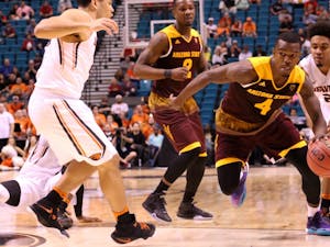 Senior guard Gerry Blakes drives to the rim against OSU during the first round of the Pac-12 Tournament on Wednesday, March 9, 2016, at MGM Grand Garden Arena in Las Vegas, Nevada. ASU men's basketball lost 75-66.