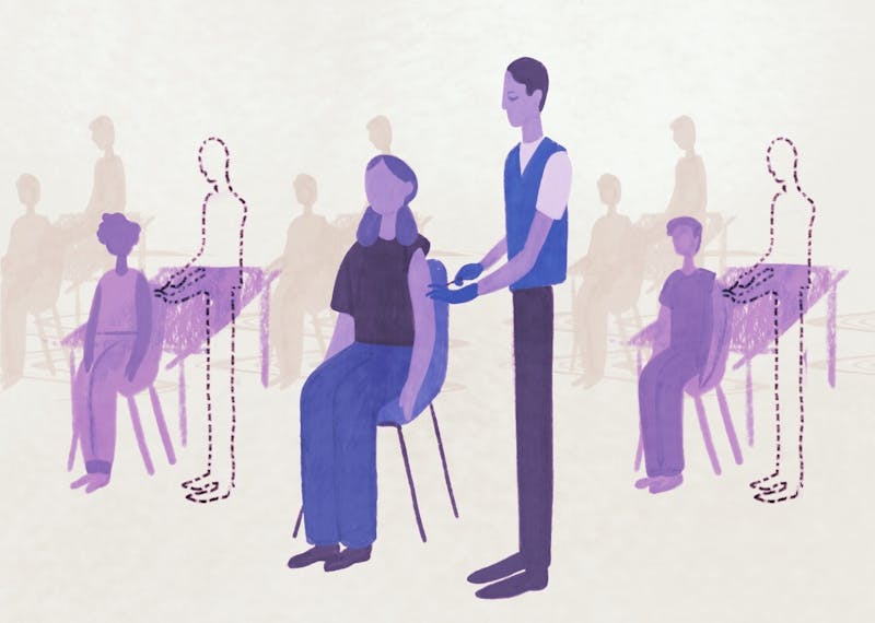 An illustration of a volunteer giving vaccines and volunteers absent in the background.