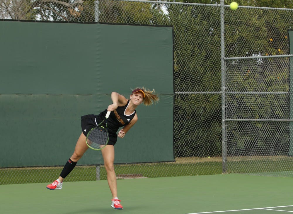 ASU sophomore Sammi Hampton competes in a singles match against Nevada at the Whitemans Tennis Center in Tempe, Arizone on Friday Feb. 17, 2017. 