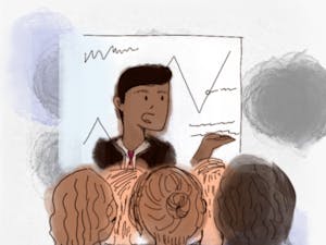 Illustration of a person presenting to a group of people with a graph in the background.
