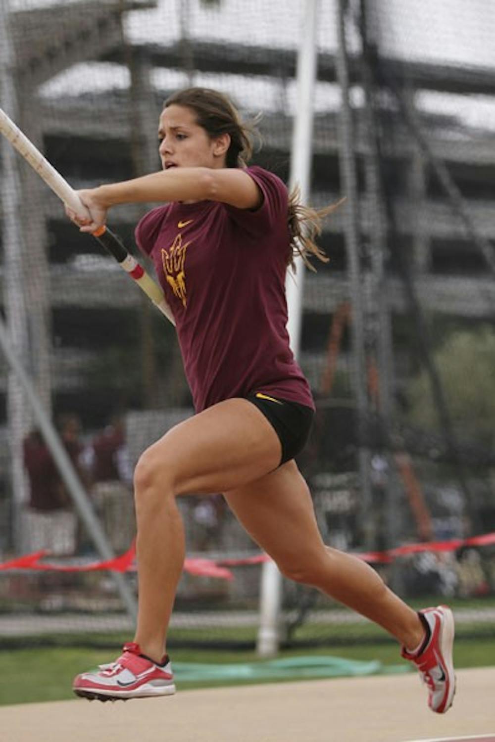 Junior Shaylah Simpson sprints forward to get ready for her pole vault at the Castillo Invitational on Mar. 17, 2012. Field athletes like Simpson will have to step up against the competition at the Texas A&M Invitational. (Photo by Samuel Rosenbaum)
