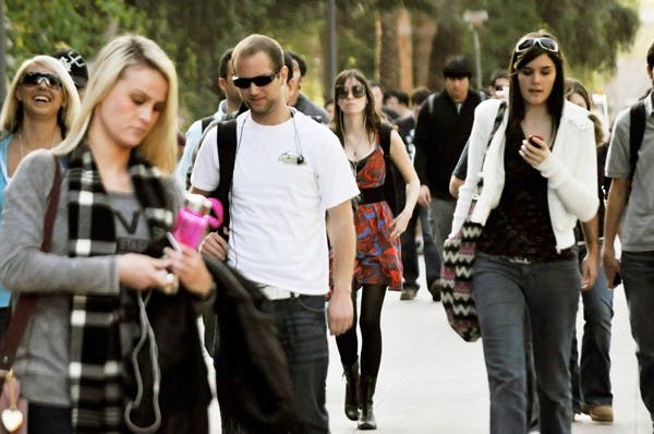 TRAFFIC JAM: Congested areas such as Cady Mall, which are exposed to bursts of traffic when classes start and finish, are now being brought to the attention of the ASU Police. Students and staff are looking to officers for a creative solution to the campus traffic problem. (Photo by Sierra Smith)