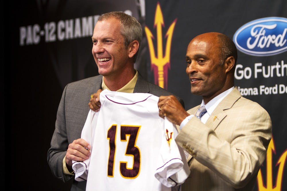 Athletic Director Ray Anderson introduces new ASU baseball head coach Tracy Smith at a press conference on June 26. (Photo by Sean Logan)