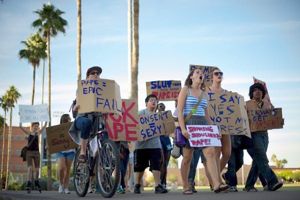 SPEAKING THEIR MIND: Several dozen ASU students joined together in late April to protest society's tendency to blame sexual violence and rape on the victim. Protests and demonstrations are a regular occurrence at ASU, which was recently named one of the seven best colleges in the country for free speech by the Foundation for Individual Rights in Education.  (Photo by Michael Arellano)
