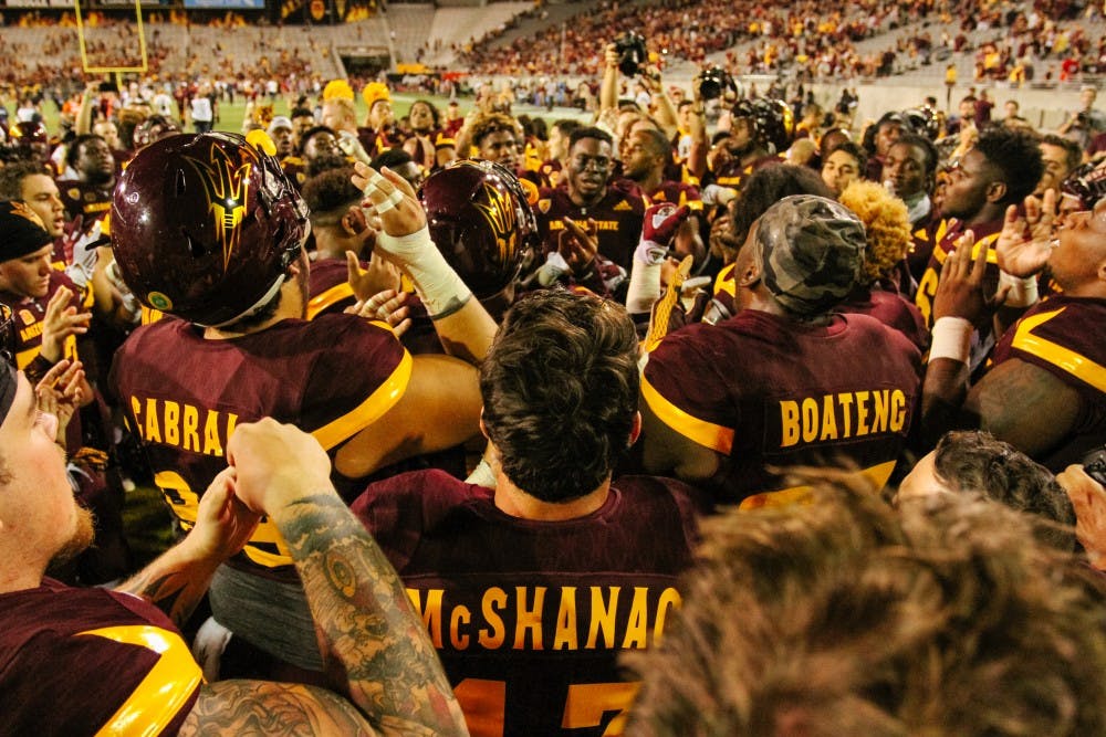ASU team celebrates after winning the football game versus the California Golden Bears, 51-41, in Tempe, Arizona, on Saturday, Sept. 24, 2016.