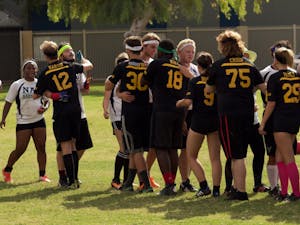 Sun Devil Quidditch and the NAU Narwhals Quidditch teams embrace following a match during the Tempe Brawl Quidditch tournament on Oct. 17, 2015, in Jaycee Park in Tempe.