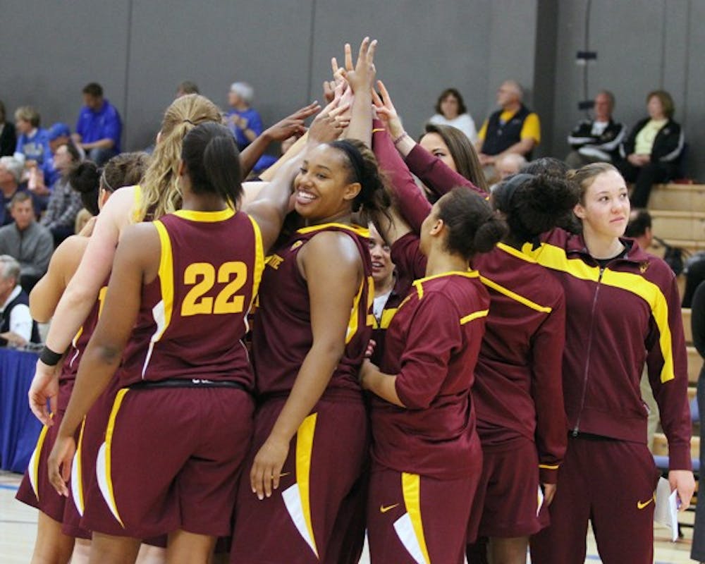 The Sun Devils huddle up in a game against UCLA on Feb. 23. ASU defeated UA 68–53 on Thursday to advance to the semifinals of the Pac-12 tournament. (Photo courtesy of Steve Rodriguez)