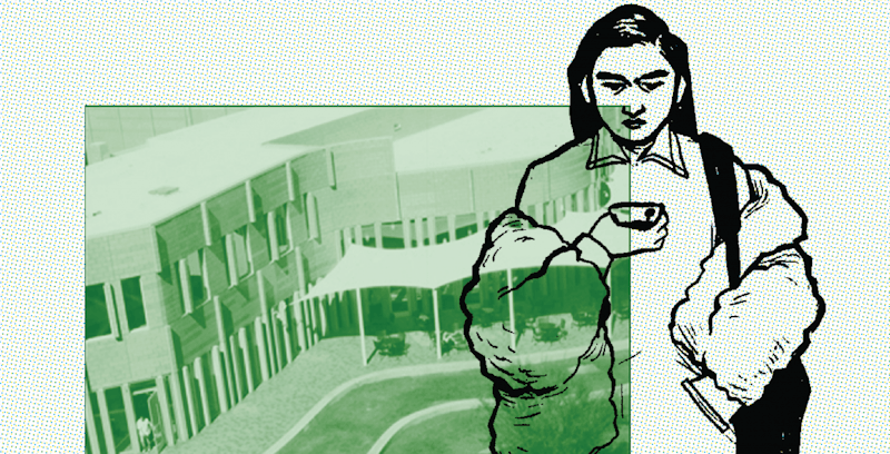 Illustration of a student walking over a green-tinted photo of Barrett, The Honors College.