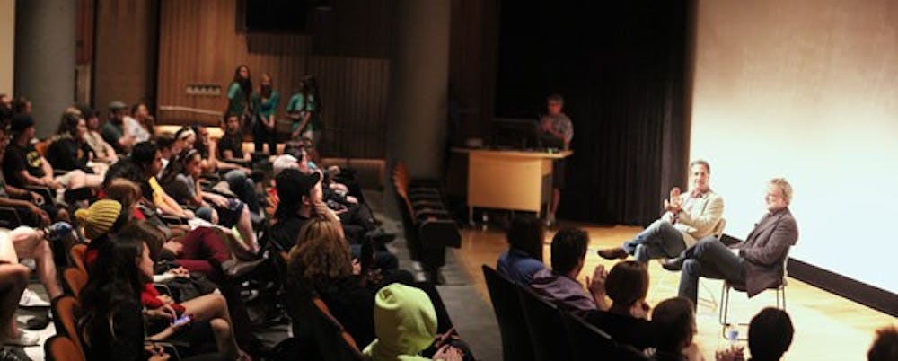 Hamilton Sterling, ASU alumnus and sound effects and light designer, speaks with ASU students after a screening of "The Dark Knight." (Photo courtesy of Naveen Selladurai)