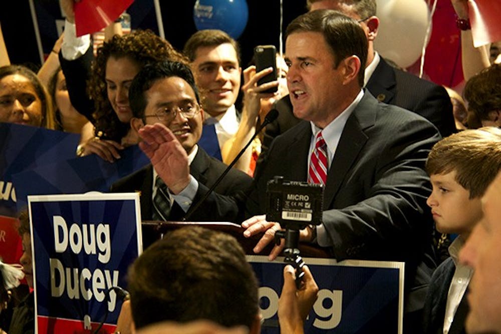 Doug Ducey thanks the crowd for their support in his campaign after winning the Republican gubernatorial candidacy was announced at the Hyatt Regency Phoenix in downtown Phoenix on Aug. 26. (Photo by Becca Smouse)