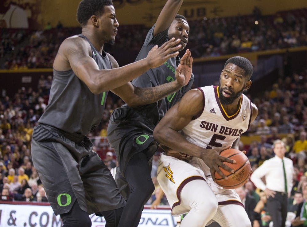 Arizona State Sun Devils forward Obinna Oleka (5) looks to pass during a game against the Oregon Ducks at Wells Fargo Arena in Tempe, Arizona, on Sunday, Jan. 31, 2016. The Ducks took the win from the Sun Devils, 91-74.