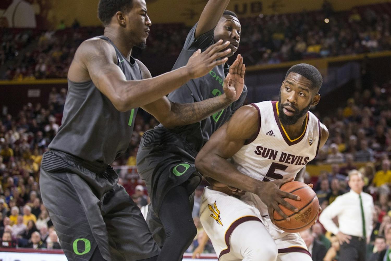 Arizona State Sun Devils forward Obinna Oleka (5) looks to pass during a game against the Oregon Ducks at Wells Fargo Arena in Tempe, Arizona, on Sunday, Jan. 31, 2016. The Ducks took the win from the Sun Devils, 91-74.