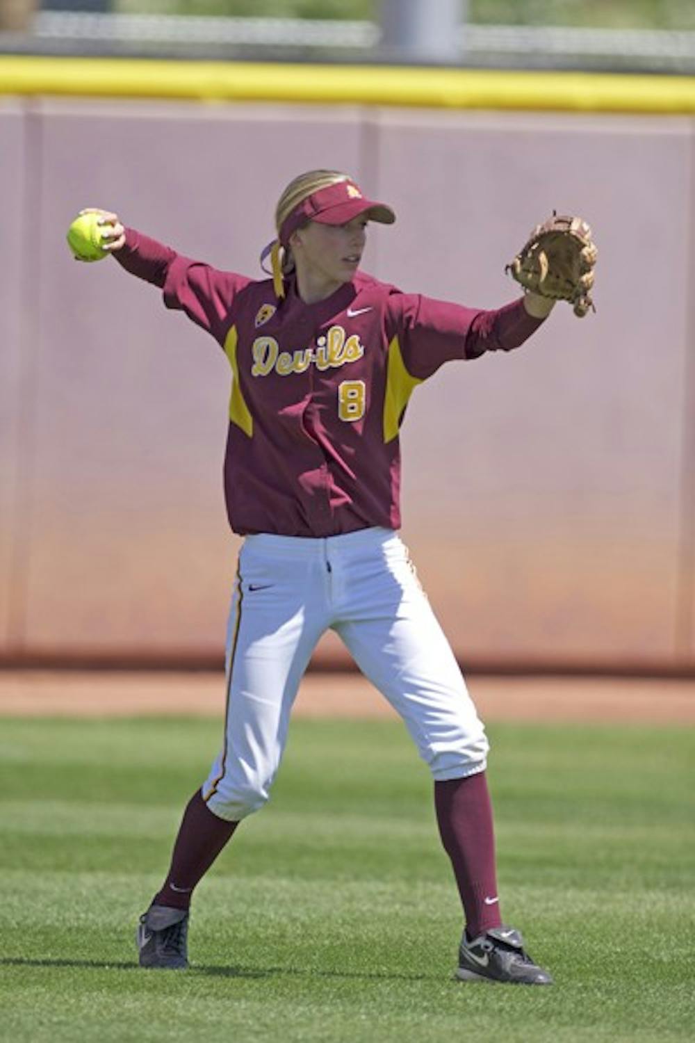 Historic Weekend: ASU senior outfielder Lesley Rogers makes a throw during the Sun Devils’ 5-0 win over UCLA on April 17. On Sunday ASU swept the Wildcats away from home for the first time ever at Hillenbrand Stadium in Tucson.  (Photo by Scott Stuk)