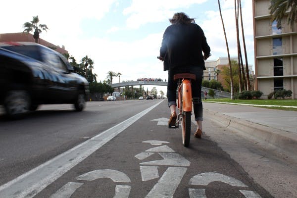 The City of Tempe received a $1.1 million federal transportation grant to make the stretch of road on University Drive between Priest Drive and the Pacific Union railroad tracks more bike and pedestrian friendly.  JENN ALLEN | THE STATE PRESS The City of Tempe received a $1.1 million federal transportation grant to make the stretch of road on University Drive between Priest Drive and the Pacific Union railroad tracks more bike and pedestrian friendly.  (Photo by Jenn Allen)