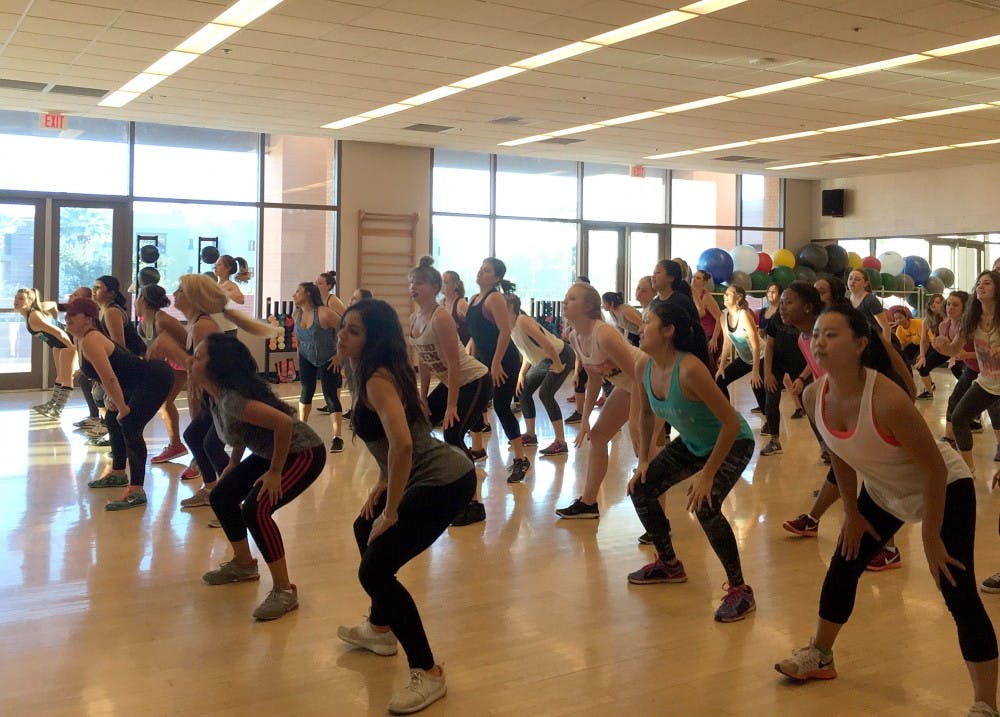 ASU students participate in a "Grind" dance class offered at the&nbsp;Sun&nbsp;Devil&nbsp;Fitness&nbsp;Complex on Oct.&nbsp;14, 2016.