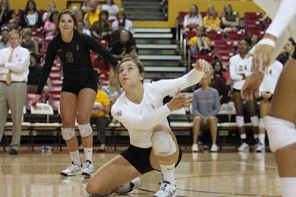Freshman outside hitter Macey Gardner crouches for a dig during the ASU Sheraton Invitational on Sept. 14 through 15.   (Photo by Kyle Newman)