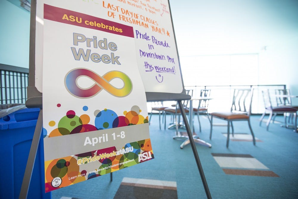 An ASU Pride Week sign hangs on floor 11 of the Taylor Place Residential Community on Sunday, April 3, 2016. 
