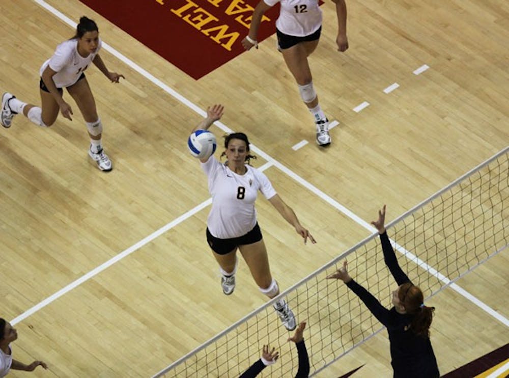 Freshman outside hitter Whitney Follette elevates for a spike during the Sun Devils’ 3-0 win over California on Sept. 28. (Photo by Kyle Newman)
