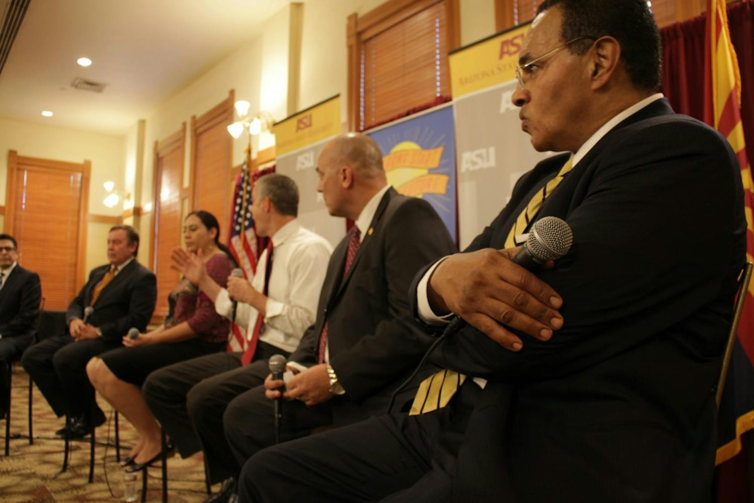The Back to School Bus Tour in Old Main on Wednesday afternoon featured panelists of various leaders in the education field to answer ASU students’ questions. ASU President Michael Crow, Alejandra Ceja, executive director of the White House Initiative on Educational Excellence for Hispanics, and Arne Duncan, U.S. secretary of education, Kent Scribner, superintendent of Phoenix Union High School District, and Freeman Hrabowski, University of Maryland president, were on the panel. (Photo by Shawn Raymundo)