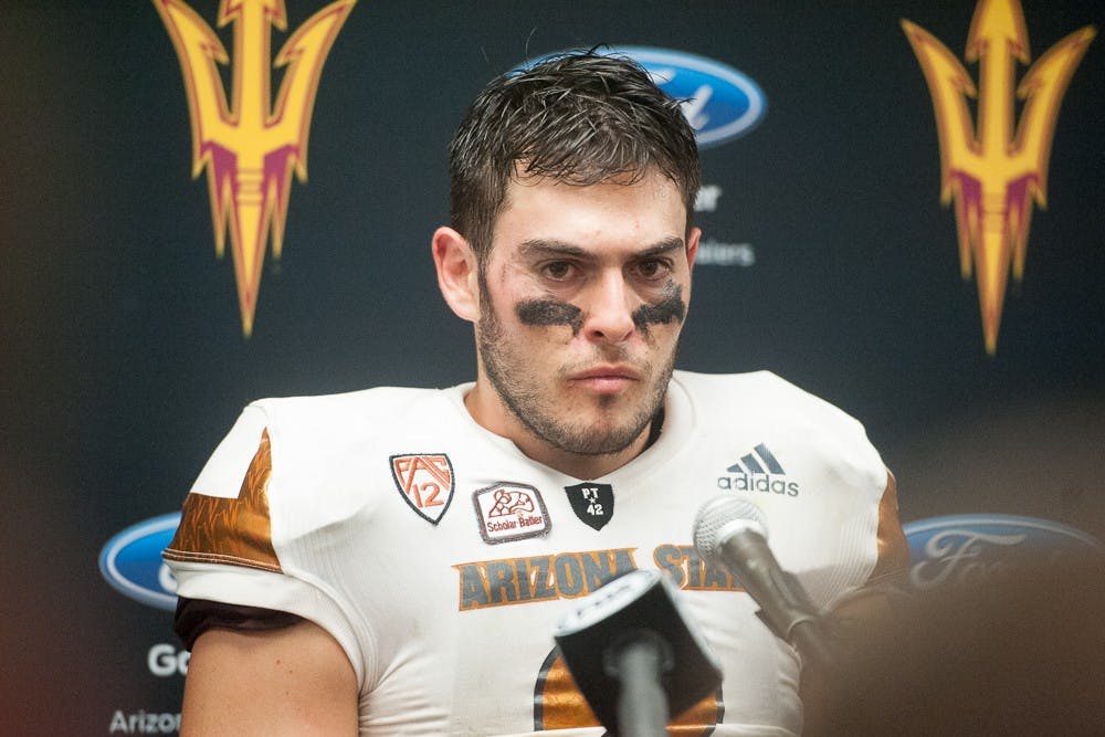 Redshirt senior quarter back Mike Bercovici (2) speaks at a press conference after a game against UCLA on Saturday, Oct. 3, 2015, at Rose Bowl Stadium in Pasadena, Calif. The Sun Devils defeated the UCLA Bruins 38-23.