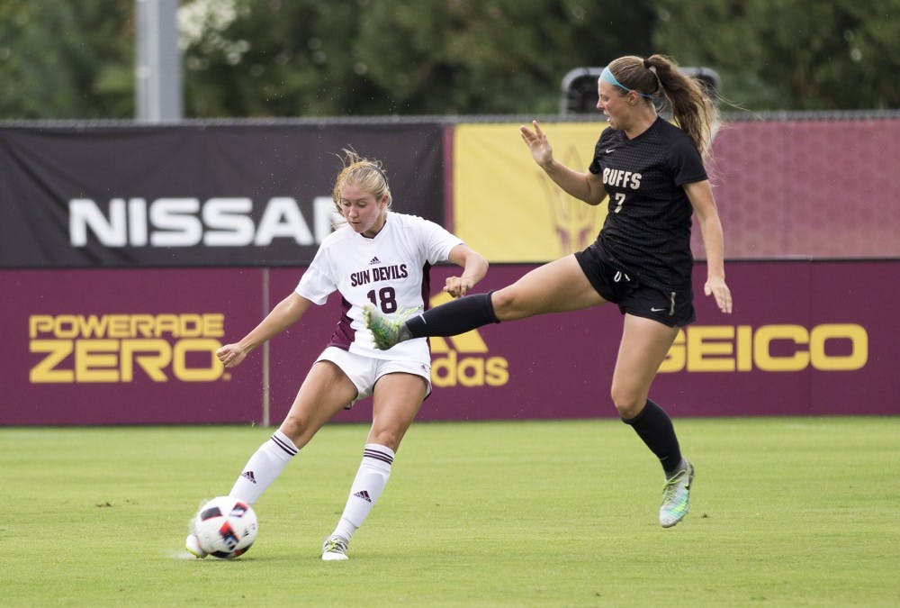 ASU freshman defender Hailey Zerbel (18) kicks the ball down the field during a 1-0 loss to the Colorado Buffalos in Sun Devil Soccer Stadium in Tempe, Arizona, on Sunday, Oct. 2, 2016. 