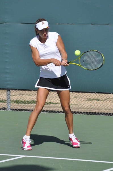 Blue Brothers: ASU freshman Jacqueline Cako takes a backhand swing against Pacific on Feb. 13. The Sun Devils take on No. 5 Duke, the 2009 National Champion, on Thursday in Tempe. (Photo by Sierra Smith)
