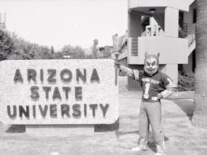 Sparky posing on ASU Campus between 1951-1953.&nbsp;
