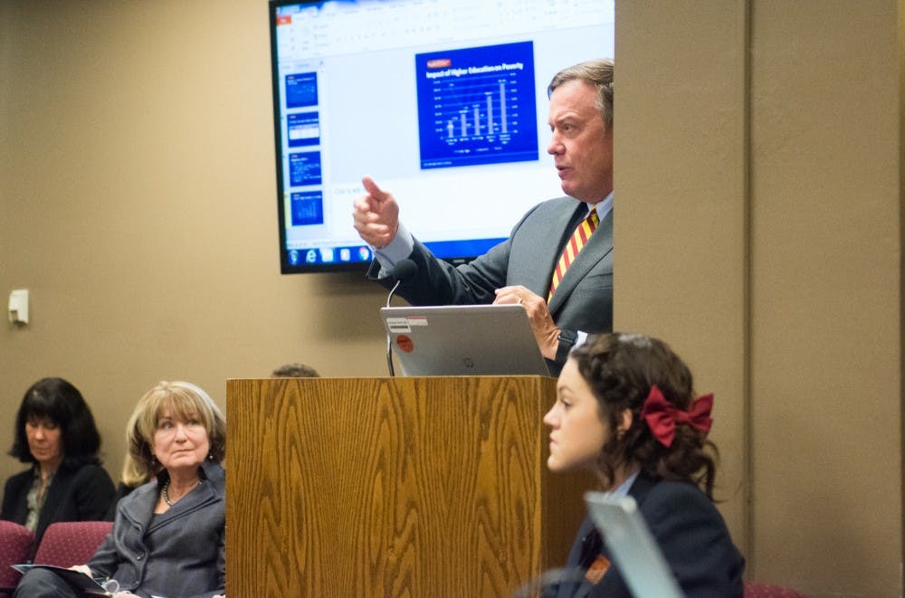 ASU President Michael Crow speaks during an Arizona State Senate meeting on Tuesday, Jan. 26, 2016, at the Arizona State Captiol in Phoenix.