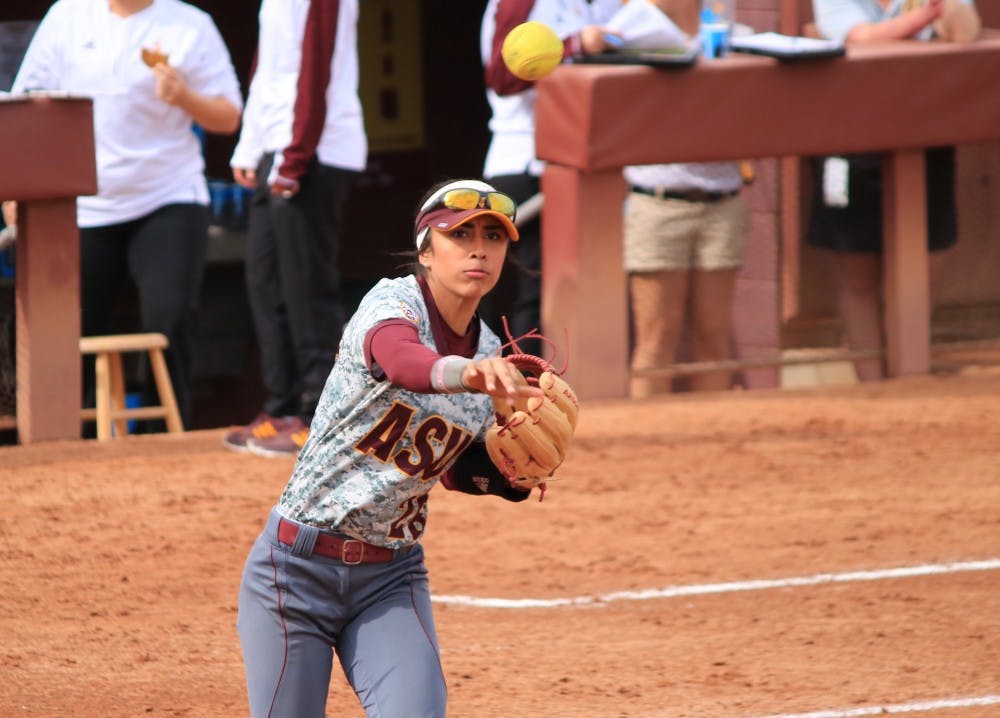 Sophomore infielder Taylor Becerra (26) throws the ball to the pitcher in a game against Indiana at Farrington Stadium, Tempe, Arizona, on Saturday Feb. 11, 2017. The Sun Devils won the game 4-2.