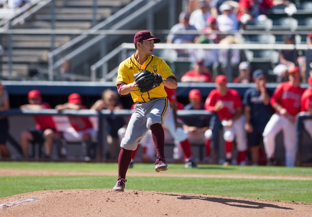 Senior pitcher Jordan Aboites winds up during a game against UA on Sunday, May 15, 2016, at Hi Corbett Field in Tucson. The Sun Devils defeated the Wildcats 5-1.