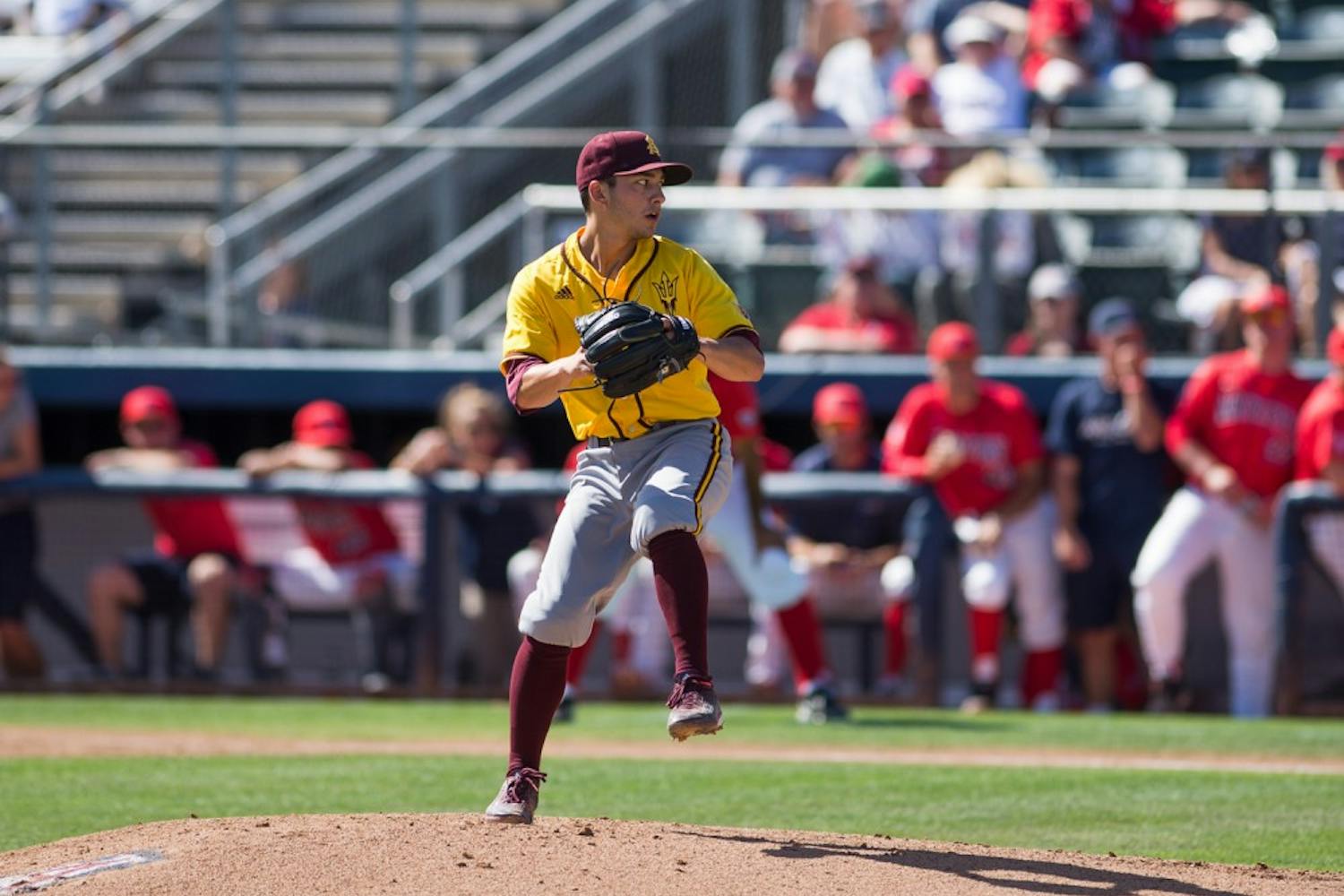 Senior pitcher Jordan Aboites winds up during a game against UA on Sunday, May 15, 2016, at Hi Corbett Field in Tucson. The Sun Devils defeated the Wildcats 5-1.