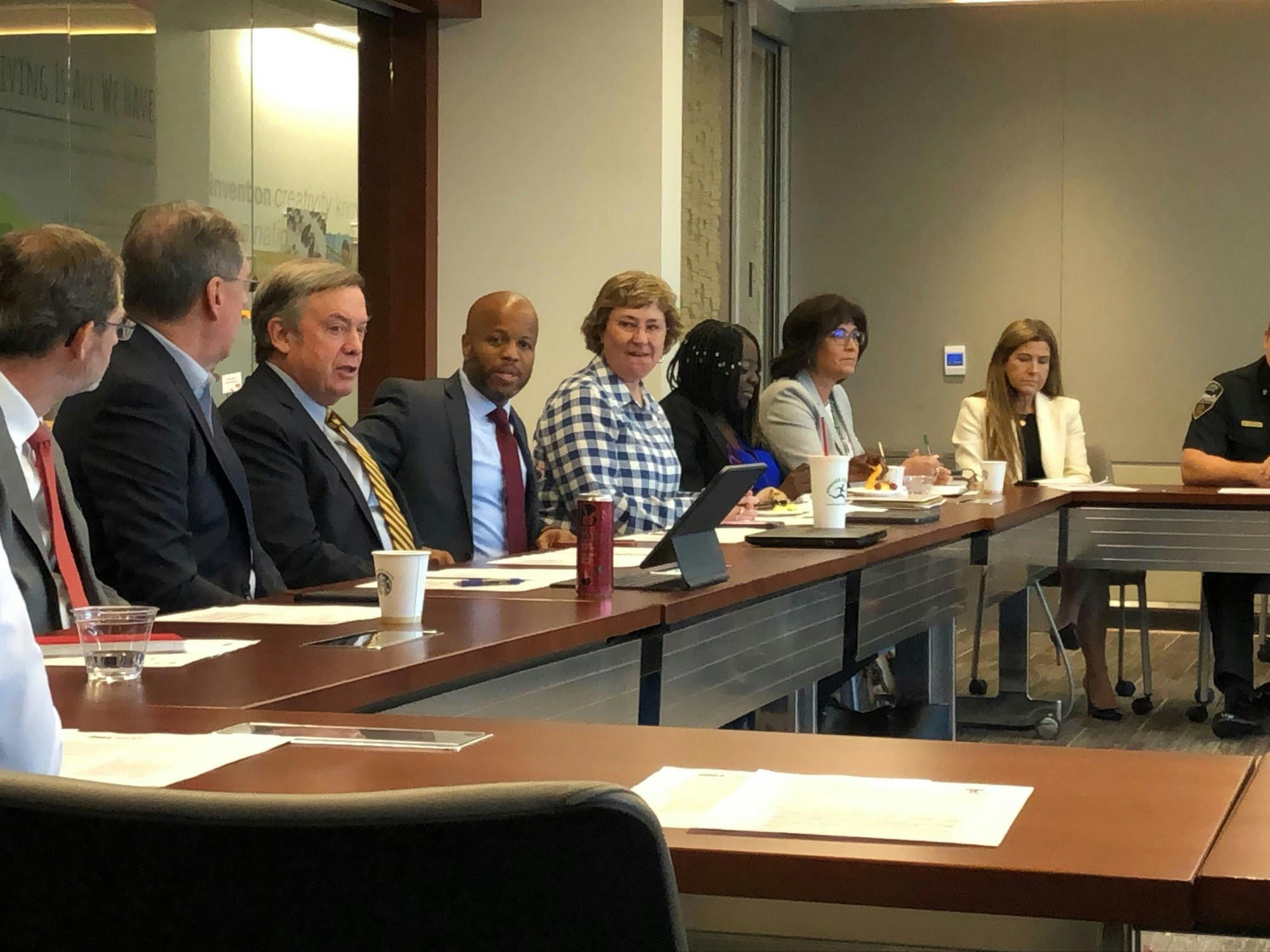 ASU President Michael Crow, Tempe Mayor Corey Woods and others speak at the ASU City of Tempe meeting in the Fulton Center, on Tuesday, Oct. 25, 2022, in Tempe.&nbsp;