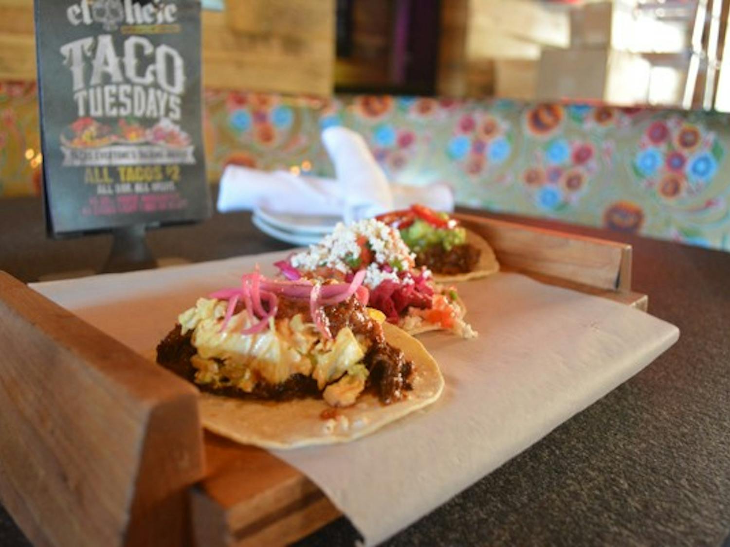 Three of El Hefe's fresh tacos, two dollars apiece on Tuesdays. (Photo by Aubrey Rumore)