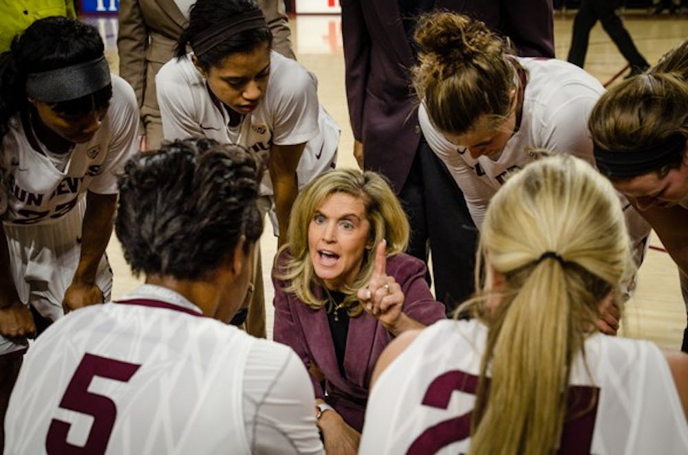 Head coach Charli Turner Thorne directs the women's Sun Devil basketball team during a home game in Tempe against California. ASU came back from an early 8 point deficit to win 68-59. (Photo by Andrew Ybanez)