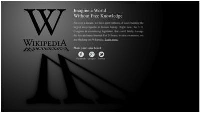 Wikipedia's blacked-out page on Jan.18. Photo from Gizmag.com.