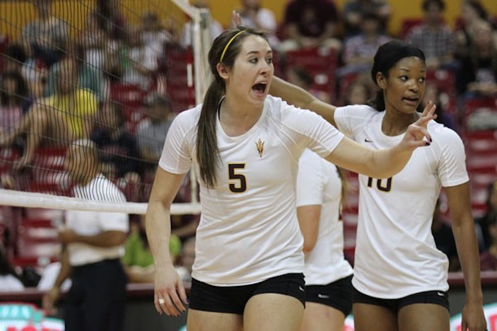 Junior middle blocker Alexis Pinson relays commands to her teammates during the Sun Devils’ 3-0 loss to No. 4 Oregon on Oct. 20. (Photo by Kyle Newman)
