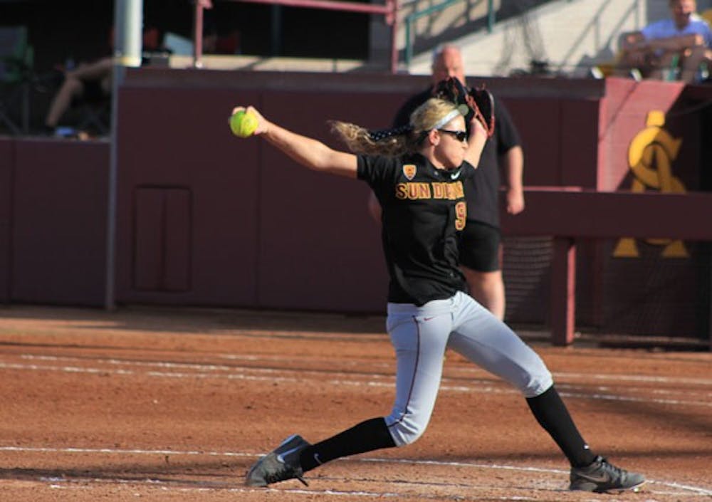 Junior pitcher Mackenzie Popescue launches a pitch during the Sun Devils' 13-0 win over East Carolina on March 2. The Sun Devils swept No.10 Cal over the weekend after dropping their last series to Utah. (Photo by  Abhiram Chandrashekar)