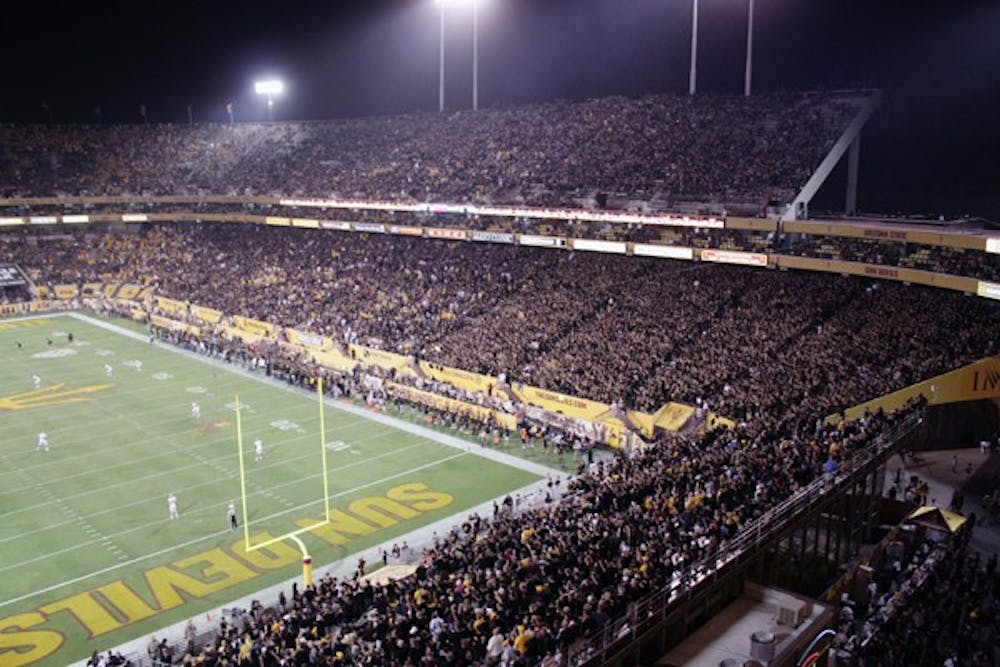 Sun Devil Stadium gets set for a kickoff as 70,236 spectators filled the bleachers in the Sept. 9, 2011 “Black Out” game against Missouri. (Photo by Beth Easterbrook)