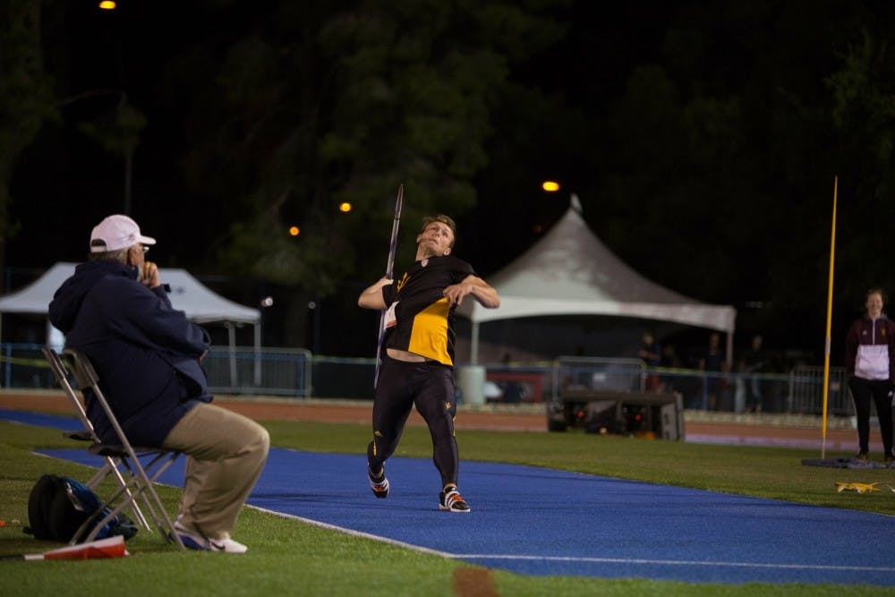 ASU freshman thrower Hudson Keffer throwing at the Duel in the Desert at Tucson, Arizona. Keffer took first place in the Javelin throw at that meet, throwing for 73.08 meters. Photo taken by Daniel Kwon.