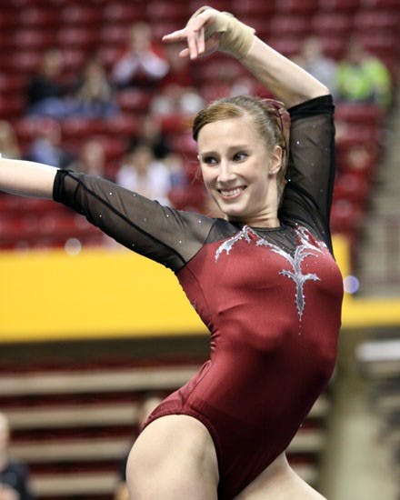 PERFECT 10: ASU junior gymnast Brittany Schuett, a double major in speech and hearing sciences and psychology, has the highest grade-point average in the Pac-10 with a 4.0. (Photo Courtesy of Steve Rodriguez)