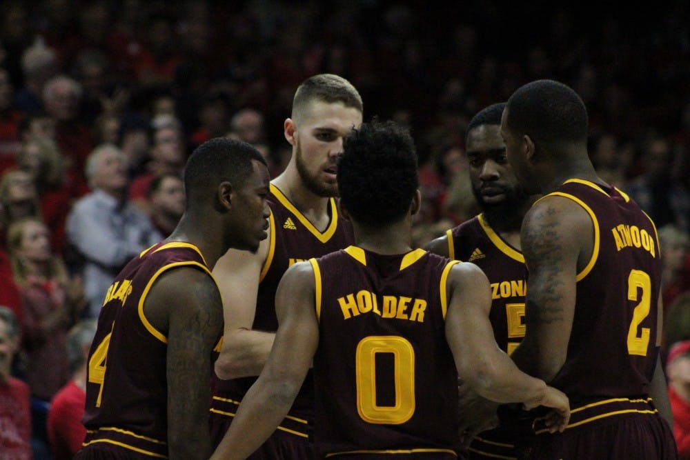 ASU men's basketball's starting five huddles before the opening tip versus Arizona on Wednesday, Feb. 17 at&nbsp;the McKale Center in Tucson.&nbsp;The Wildcats topped the Sun Devils 99-61.