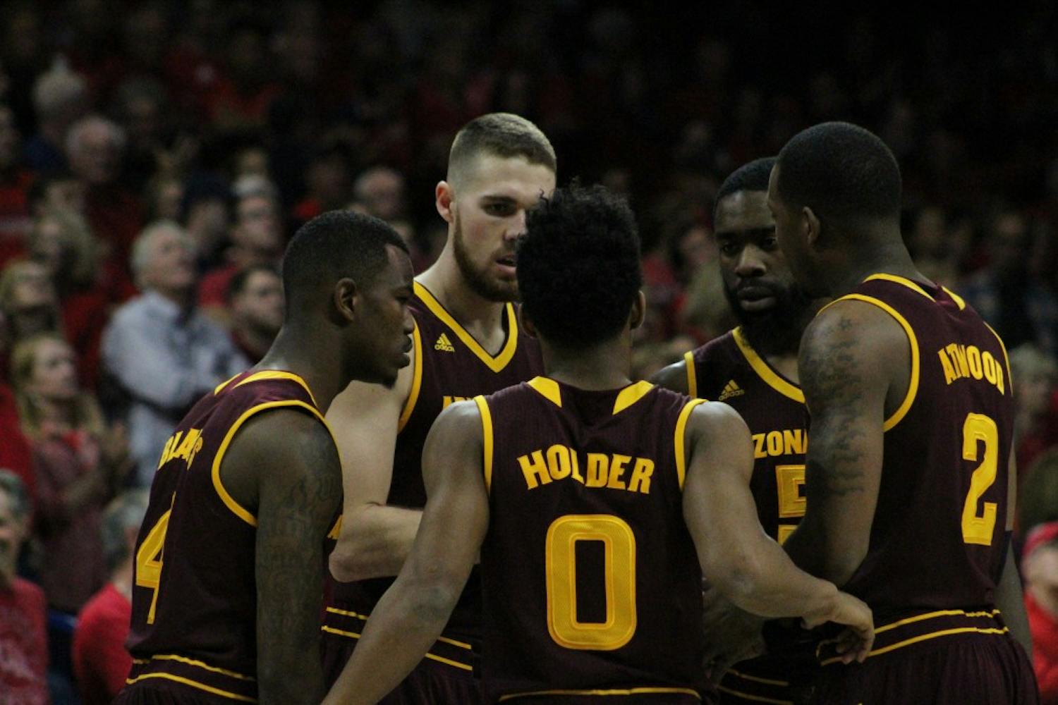 ASU men's basketball's starting five huddles before the opening tip versus Arizona on Wednesday, Feb. 17 at&nbsp;the McKale Center in Tucson.&nbsp;The Wildcats topped the Sun Devils 99-61.