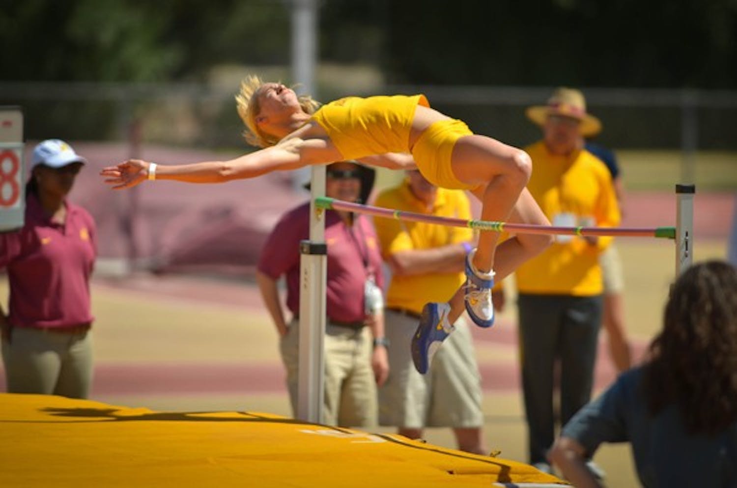 Multi-faceted: ASU senior Samantha Henderson stretches to clear the bar during the ASU Invitational on Saturday. Henderson is one of five ASU heptathletes looking to qualify for the postseason on Thursday and Friday. (Photo by Aaron Lavinsky)